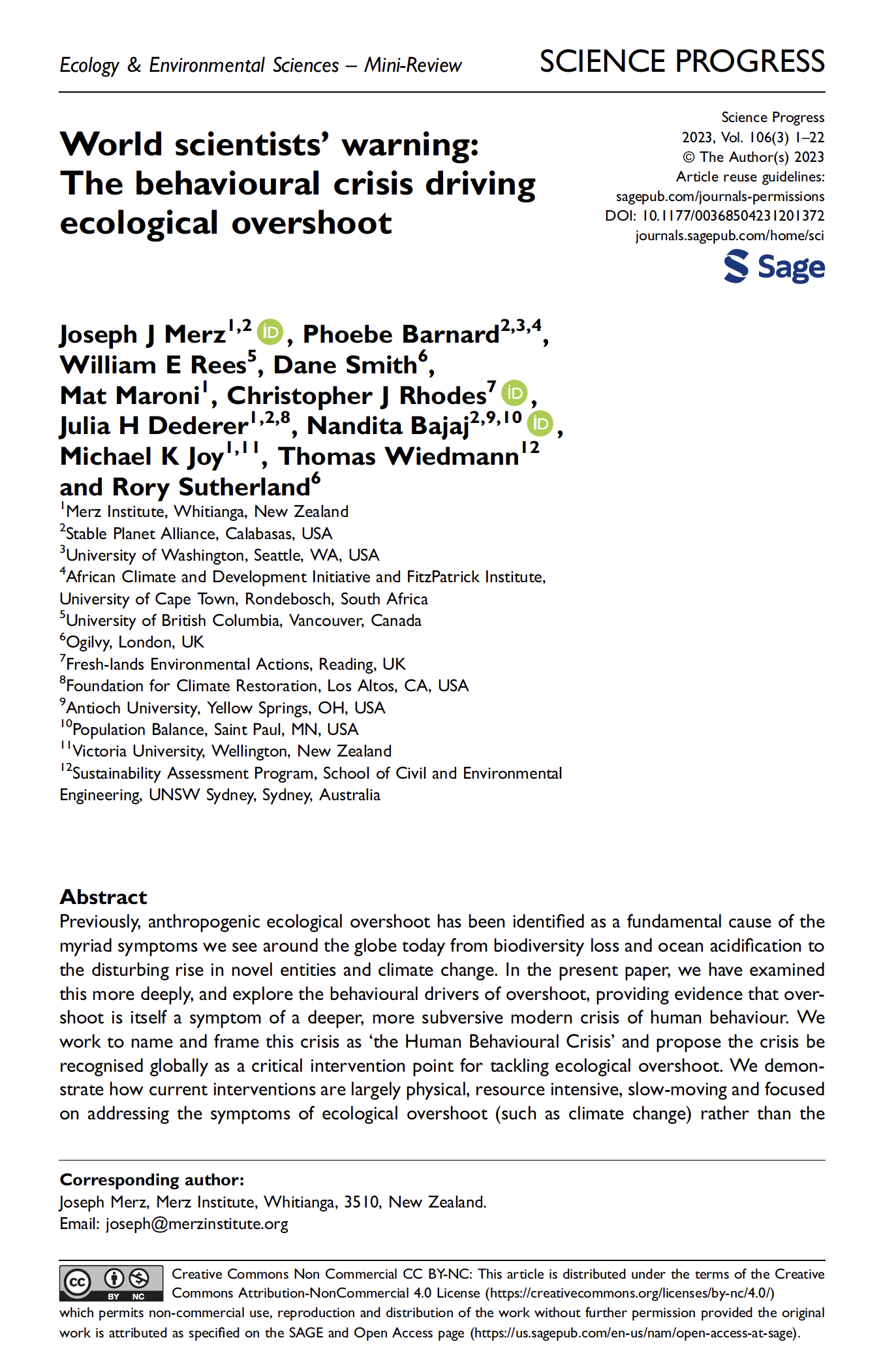 First page of the paper World scientists’ warning: The behavioural crisis driving ecological overshoot, Merz JJ, Barnard P, Rees WE, et al (Science Progress, September 20, 2023)