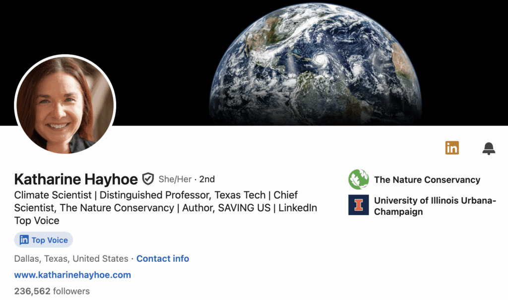 Screenshot of Katherine Hayhoe LinkedIn profile
