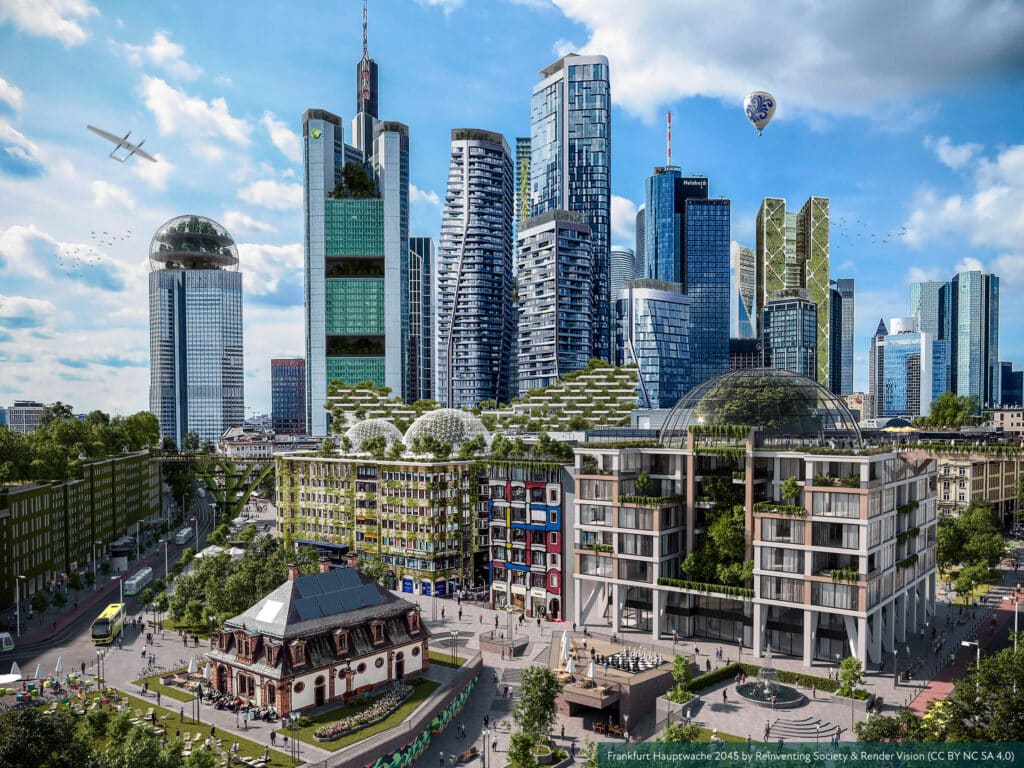 An image of how Frankfurt could look as a reimagined sustainable city in 2045.